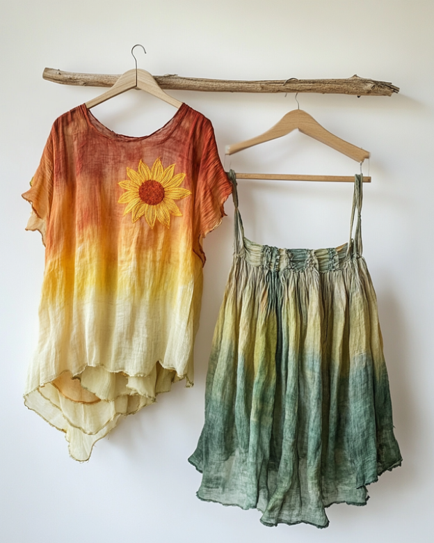 Vacation Sunflowers Handmade Color-Blocking Rainbow Irregular Top + Shorts Two Piece Set 796f