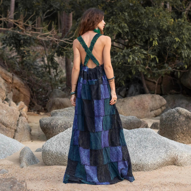 Plus Size Boho Apron Maxi Dress – Jade Indigo Patchwork Sundress with Pockets