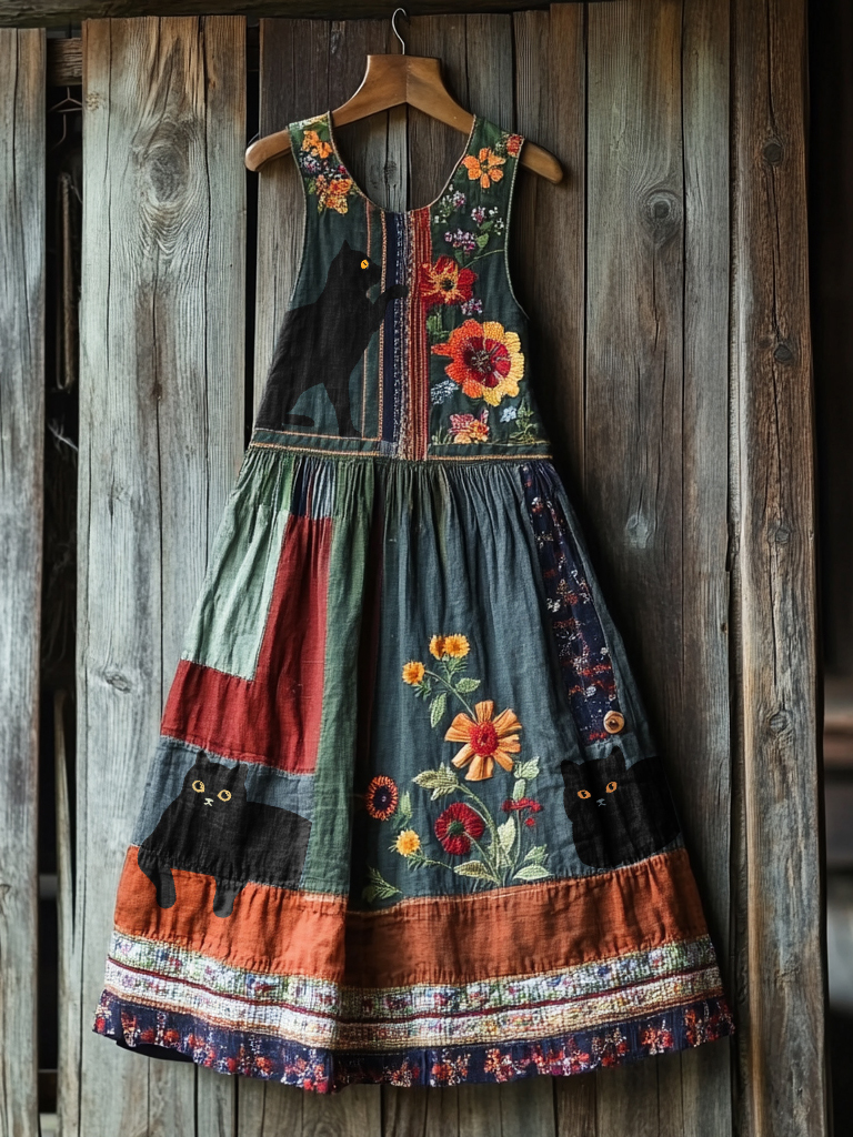 Vintage Black Cat  Floral Linen Tank Dress