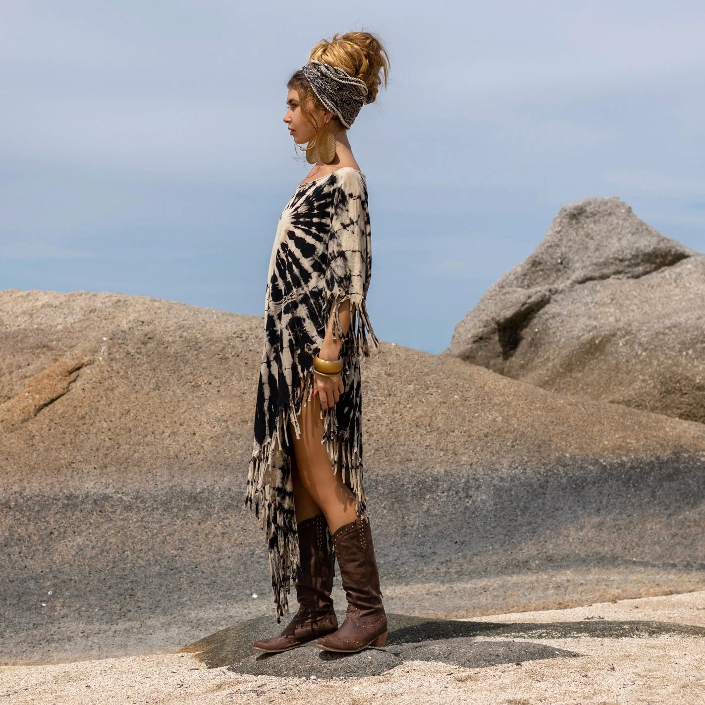 White Heart Tie-Dye Fringe Tunic Dress