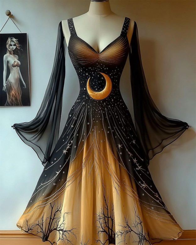 Holiday handmade star and moon embroidery irregular dress c5b6