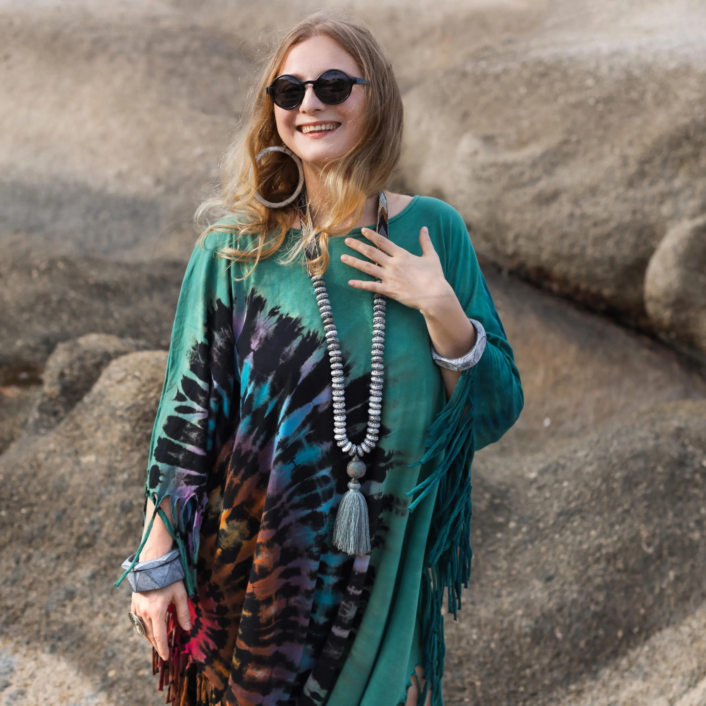 Green Tie-Dye Fringe Tunic Dress