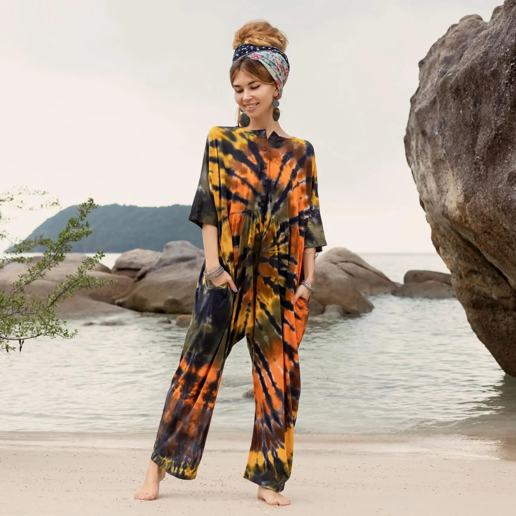 Hand Tie-dye Overall Straight Leg Jumpsuit