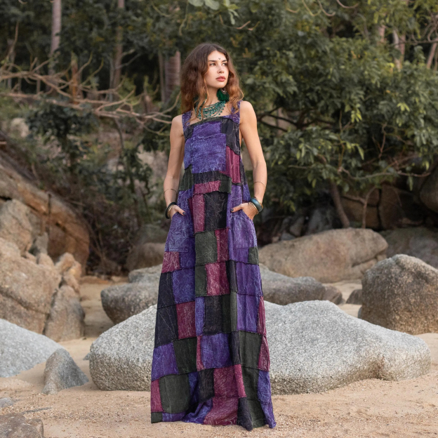 Plus Size Boho Apron Maxi Dress –Patchwork Sundress with Pockets