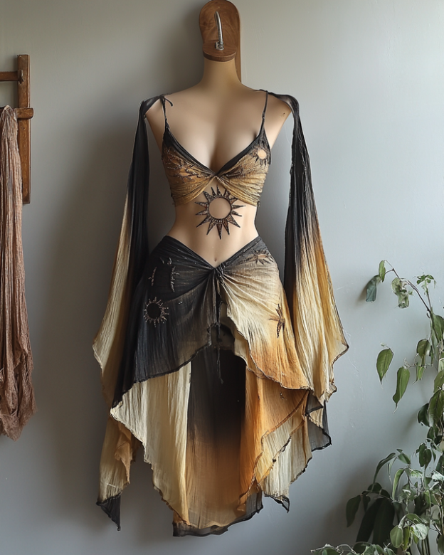 Vacation Sun And Stars Handmade Color-Blocking Rainbow Irregular Crop Top + Skirt Two Piece Set 37bc