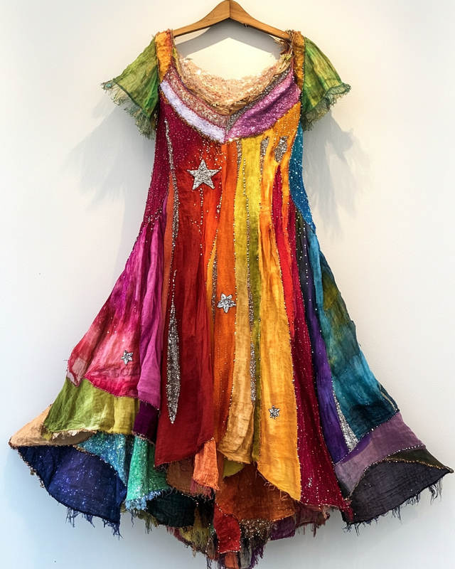 Handmade color block gradient rainbow stars dress df4f