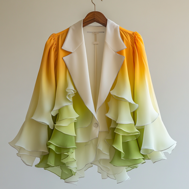 Summer color block ruffled chiffon coat caef