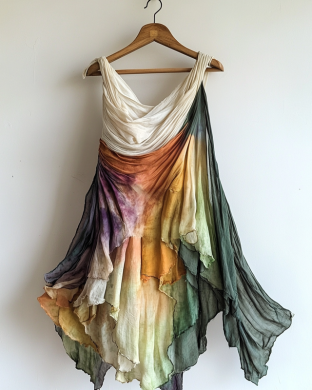 Vacation Handmade Color-Blocking Rainbow Irregular Dress 2050