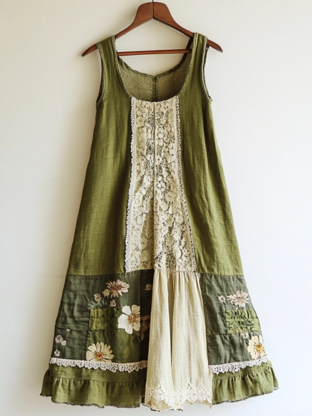 Boho Floral Pattern Linen Lace Patchwork Dress