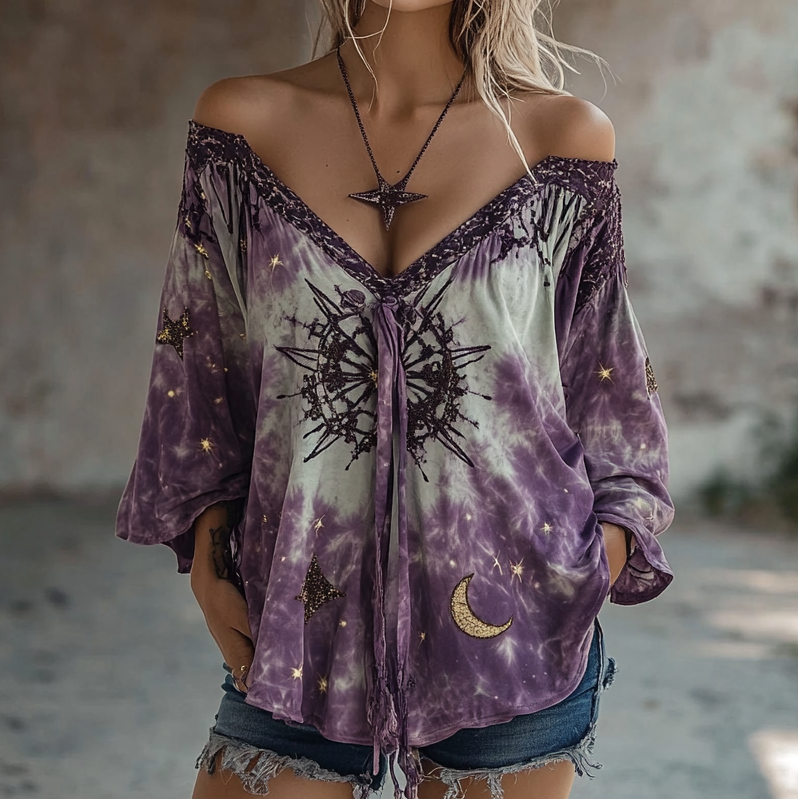 Ethnic handmade star and moon embroidery irregular off-shoulder top ee85