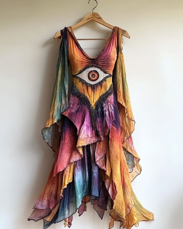 Vacation Evil Eye Handmade Color-Blocking Rainbow Irregular Maxi Dress 4592