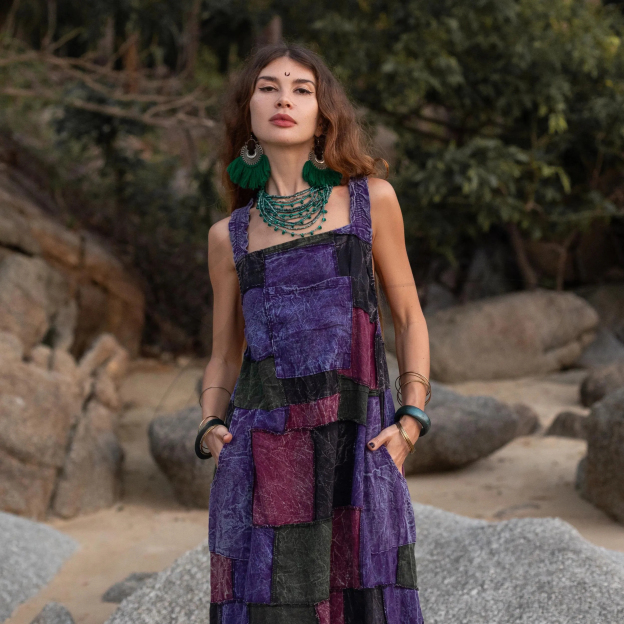 Plus Size Boho Apron Maxi Dress –Patchwork Sundress with Pockets
