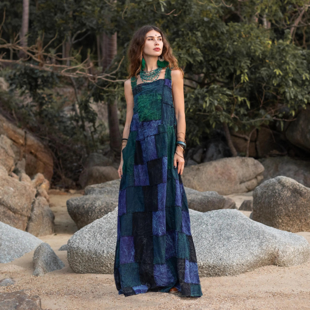 Plus Size Boho Apron Maxi Dress – Jade Indigo Patchwork Sundress with Pockets
