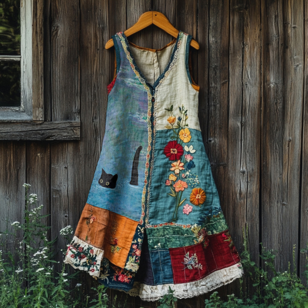 Vintage Black Cat And Floral Patchwork Linen Tank Dress