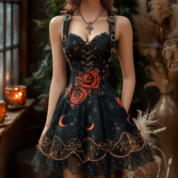 Gothic style star and moon embroidered suspender dress  9066