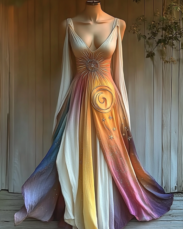 Hand-painted rainbow star and moon embroidery irregular palace style long dress 1950