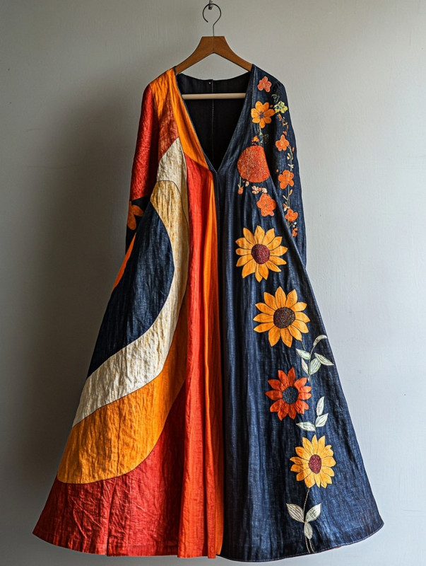 Fashionable bold contrast color popular sunflower print dress 5785