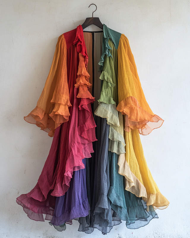 Color-Blocking Rainbow Ruffle Chiffon Cardigan 3818