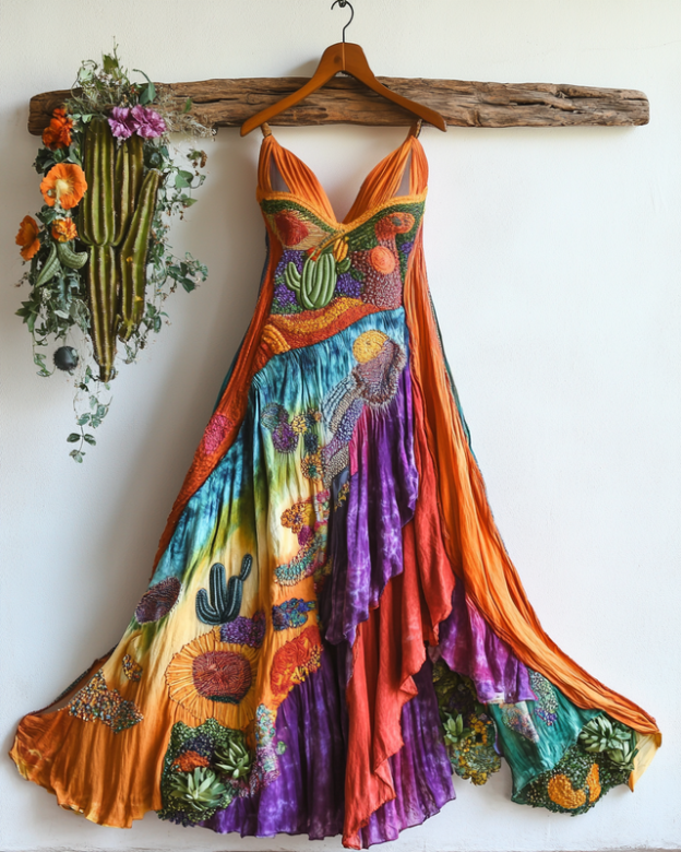 Handmade color block cactus rainbow irregular dress 8cd1