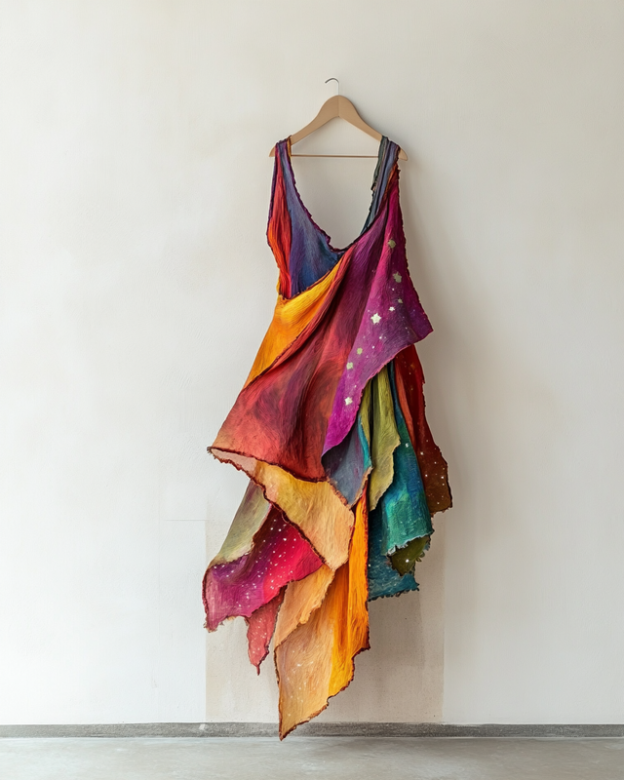 Handmade color block gradient rainbow stars irregular dress 0be7