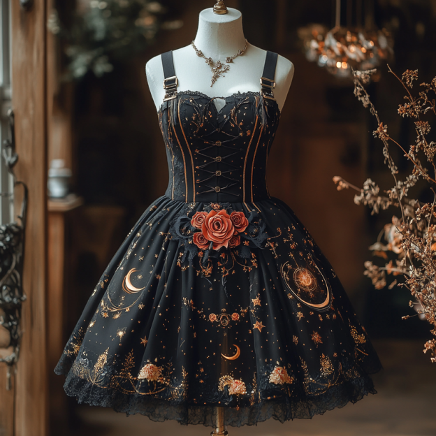 Gothic style star and moon embroidered metal suspender dress c4a0