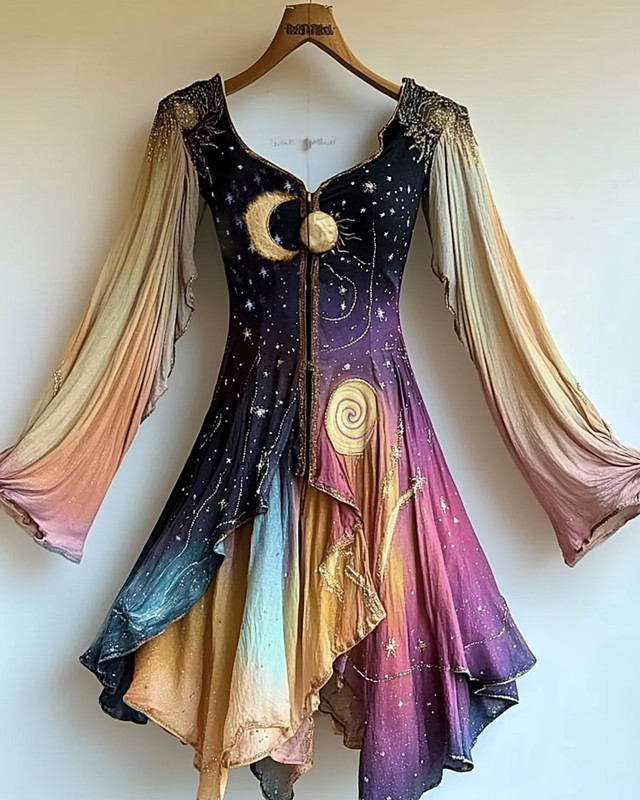 Holiday handmade color matching star and moon embroidery irregular dress c5fe