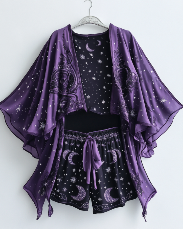 Star and moon print home wear top + shorts + cardigan three pice set 5ffb