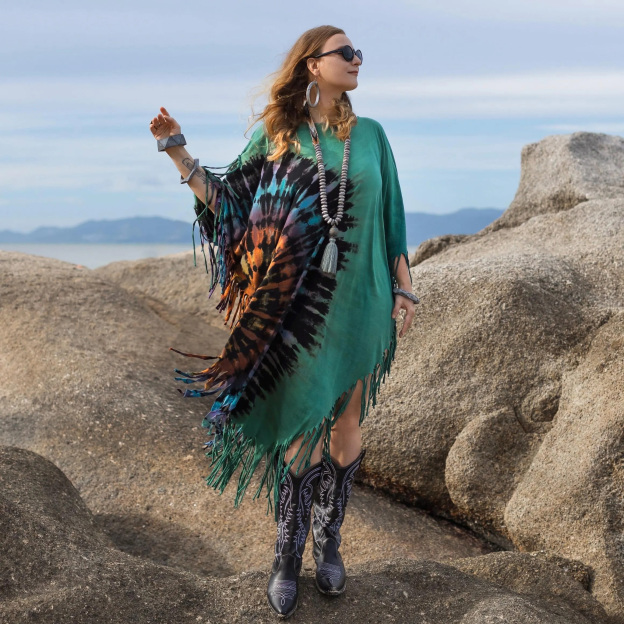 Green Tie-Dye Fringe Tunic Dress