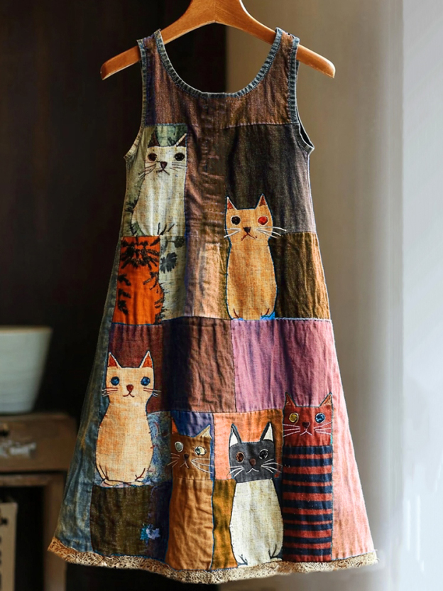 Casual Pop Art Patchwork Cotton and Linen Cat Dress