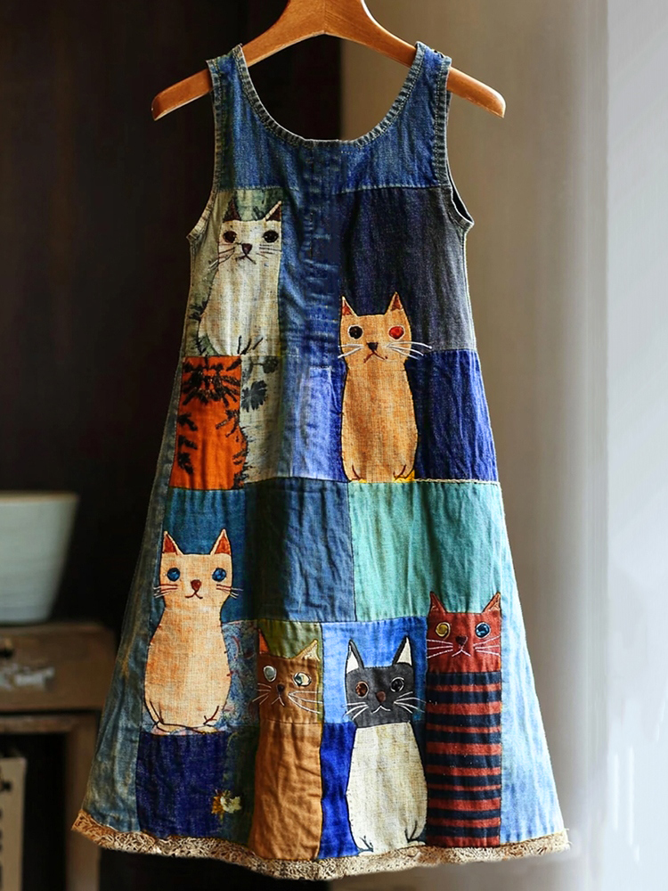 Casual Pop Art Patchwork Cotton and Linen Cat Dress