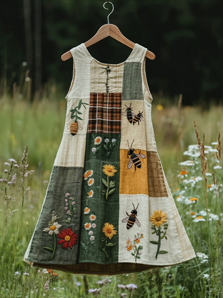 Women's Vintage Bee And Plaid Art Print Sleeveless Dress