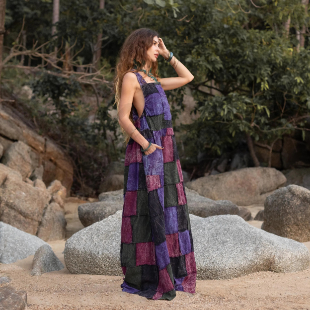 Plus Size Boho Apron Maxi Dress –Patchwork Sundress with Pockets