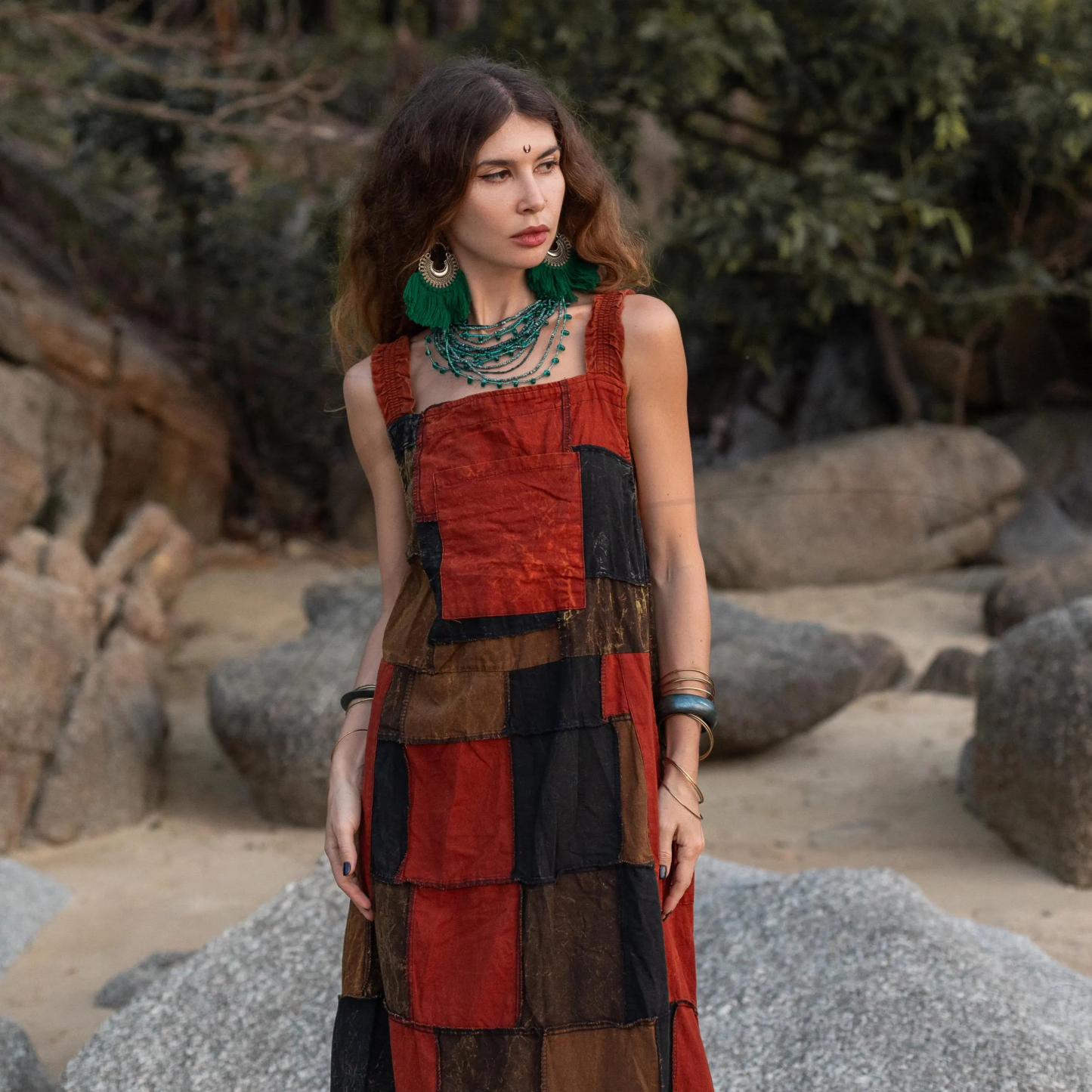 Plus Size Boho Apron Maxi Dress –Patchwork Sundress with Pockets
