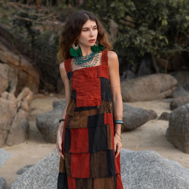 Plus Size Boho Apron Maxi Dress –Patchwork Sundress with Pockets