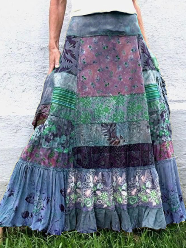 Women's Green Flowers Patchwork Art Linen Blend Skirt