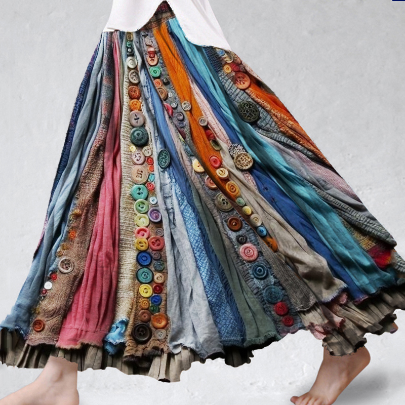 Boho Colorful Textile Flowy Linen Blend Wide Skirt