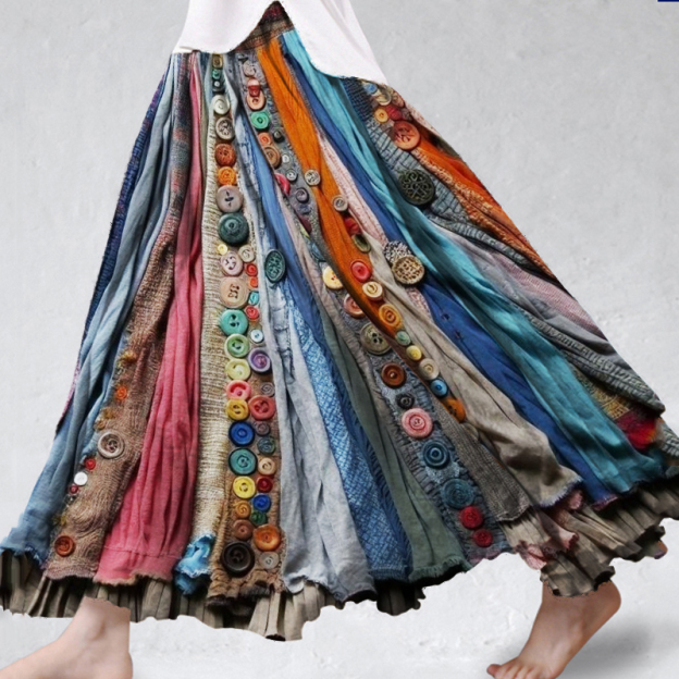 Boho Colorful Textile Flowy Linen Blend Wide Skirt