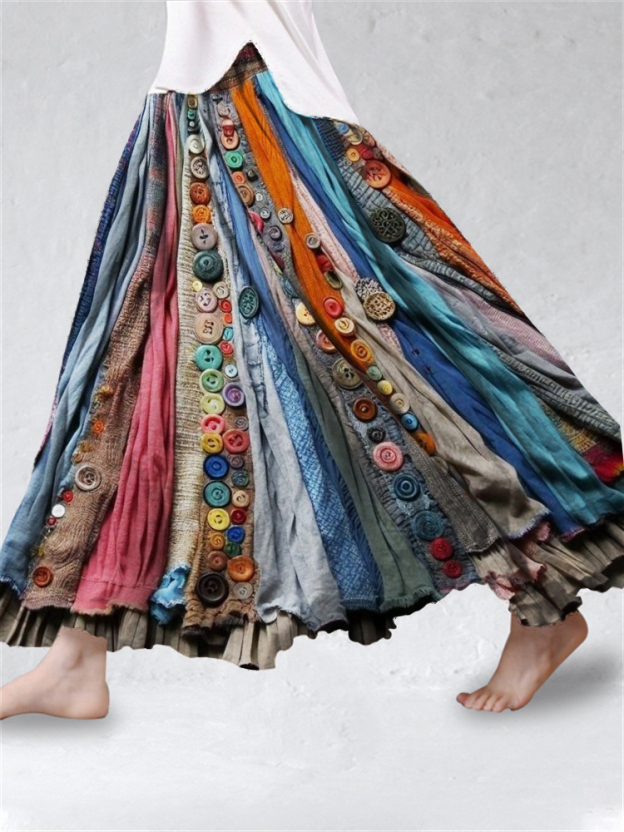Boho Colorful Textile Flowy Linen Blend Wide Skirt