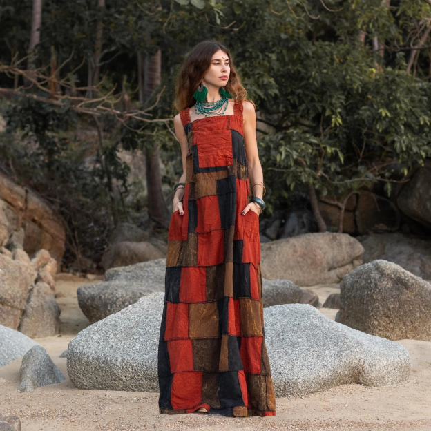 Plus Size Boho Apron Maxi Dress –Patchwork Sundress with Pockets