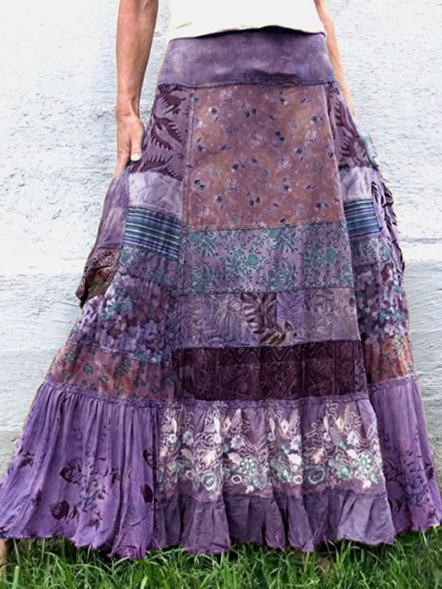 Women's Green Flowers Patchwork Art Linen Blend Skirt