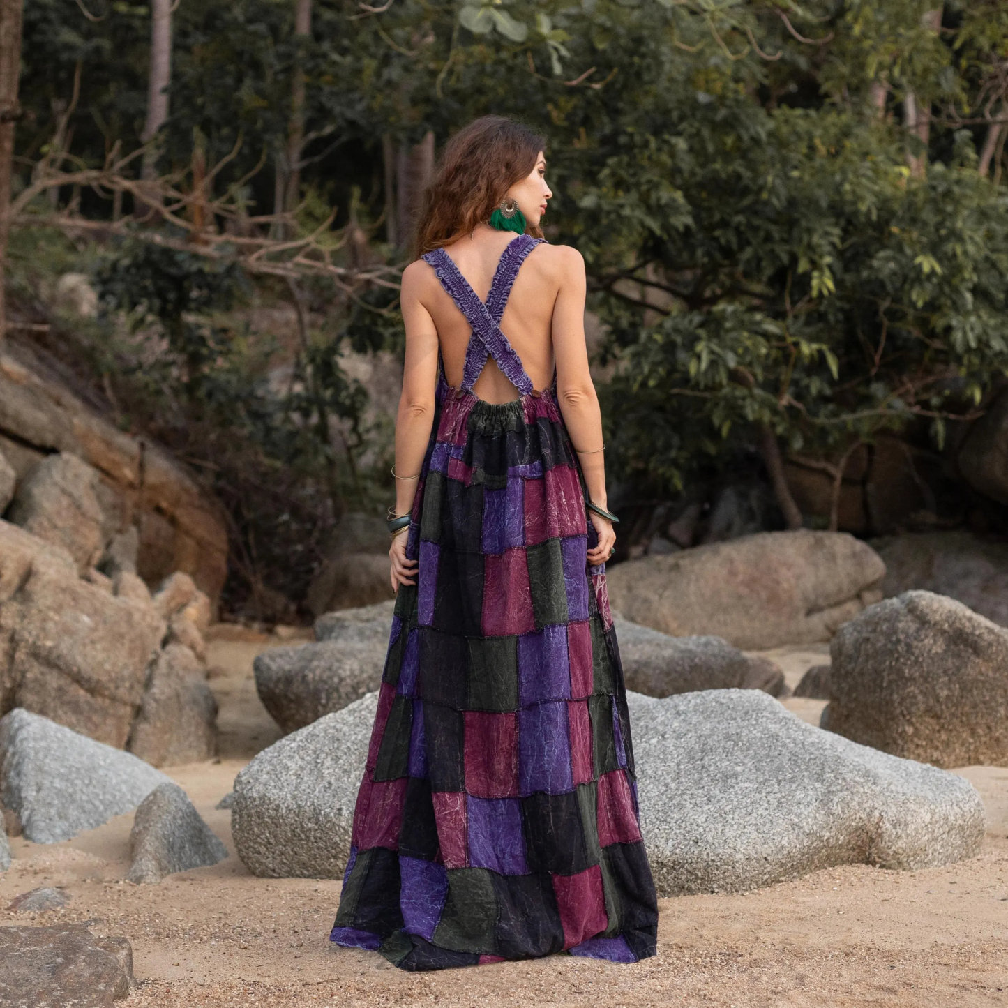 Plus Size Boho Apron Maxi Dress –Patchwork Sundress with Pockets