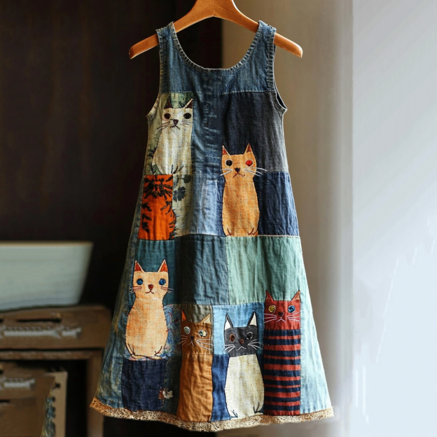Casual Pop Art Patchwork Cotton and Linen Cat Dress