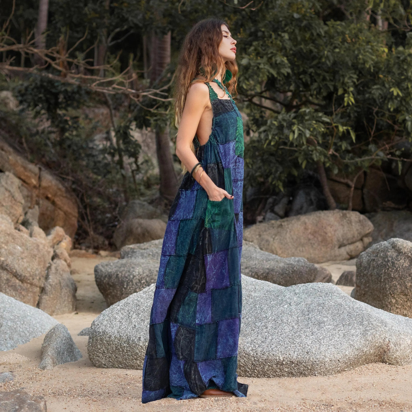 Plus Size Boho Apron Maxi Dress – Jade Indigo Patchwork Sundress with Pockets
