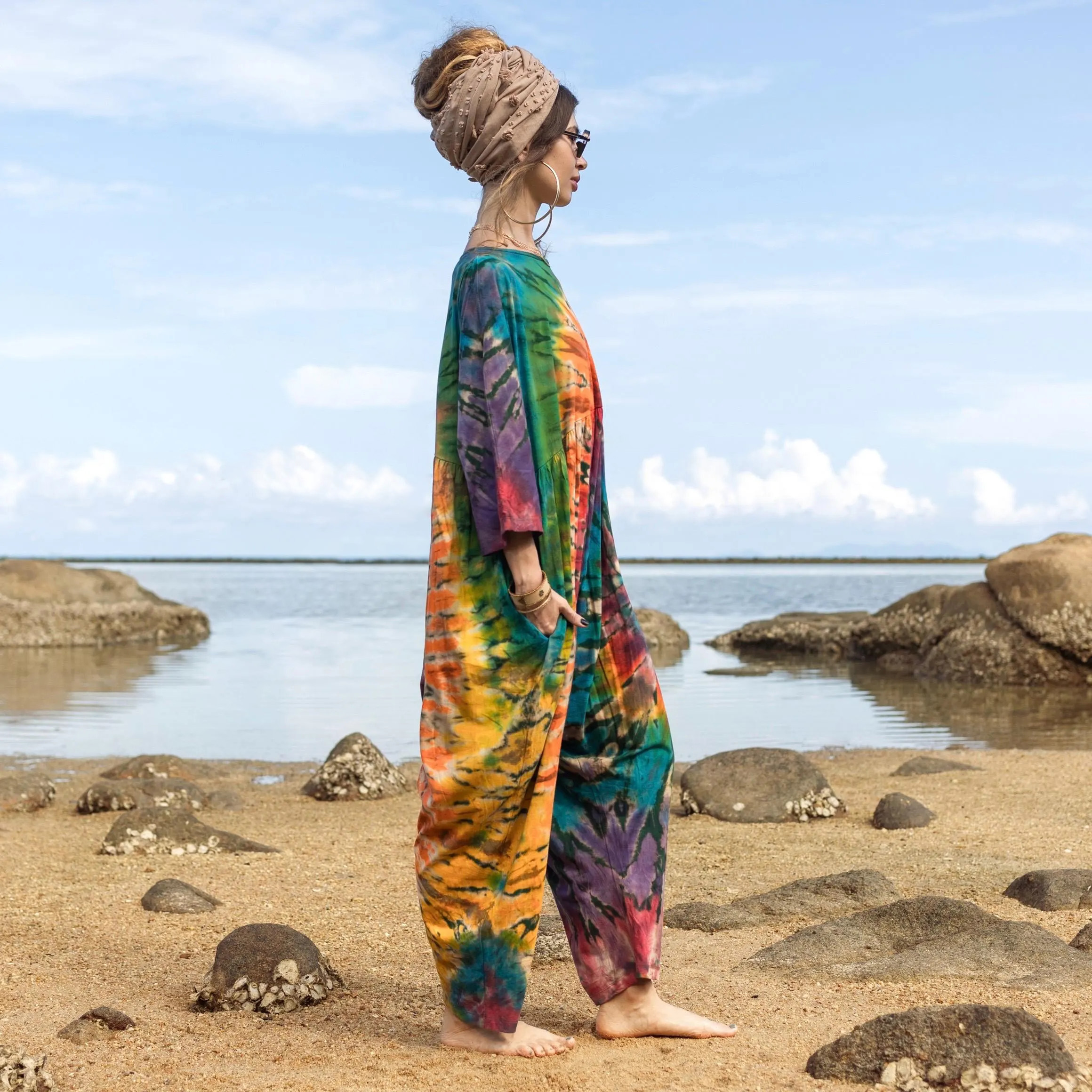 Solar Swirl Plus Size Tie-Dye Jumpsuit – Handcrafted Boho Harem Romper for Festivals