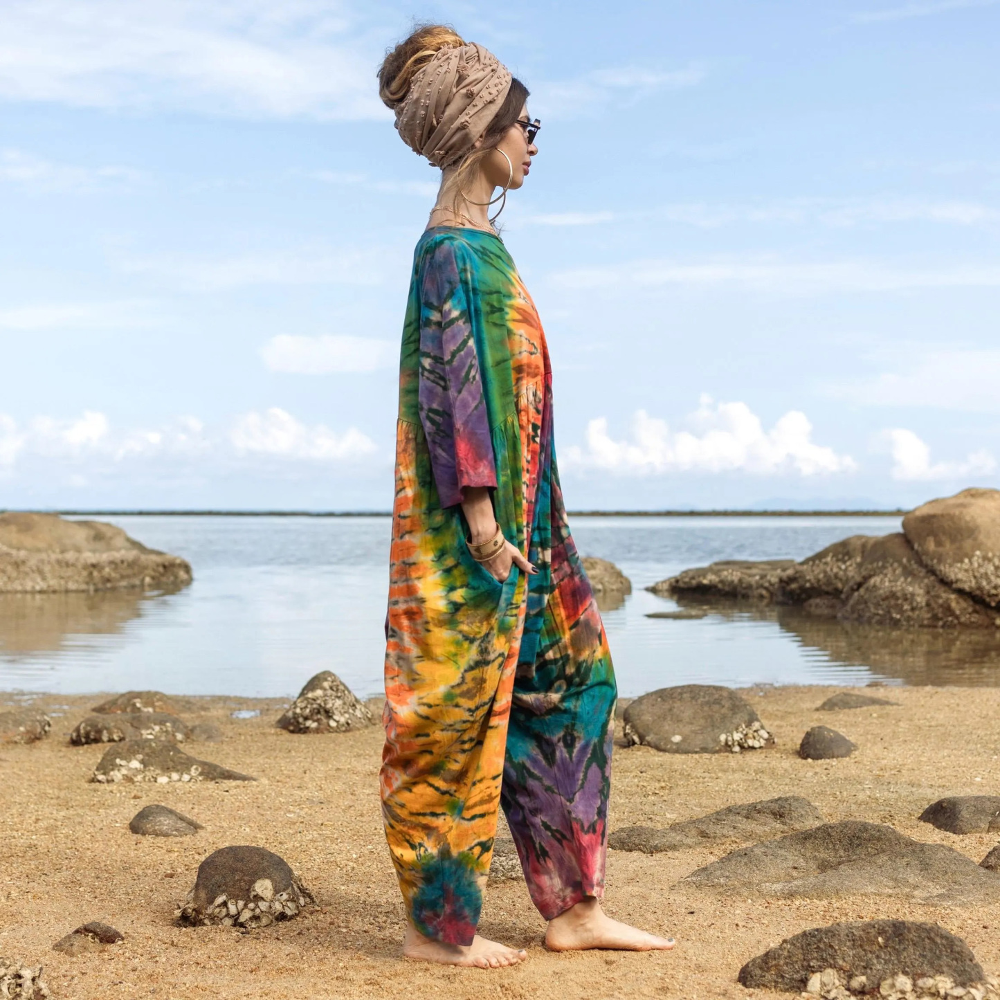 Solar Swirl Plus Size Tie-Dye Jumpsuit – Handcrafted Boho Harem Romper for Festivals