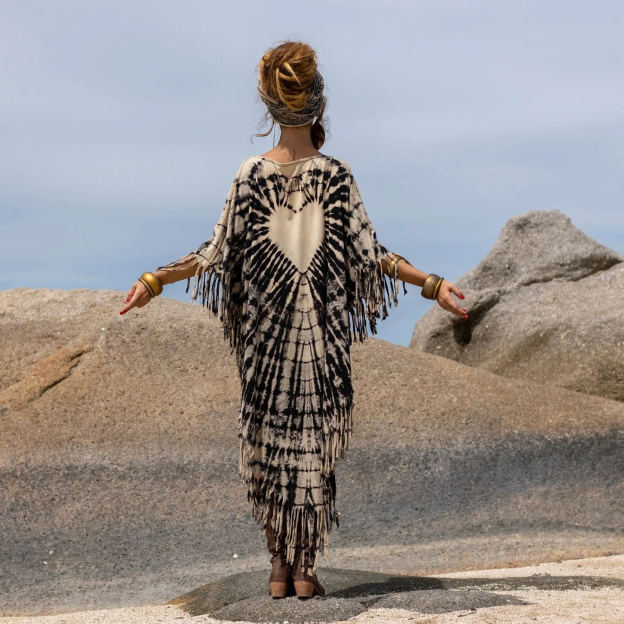 White Heart Tie-Dye Fringe Tunic Dress