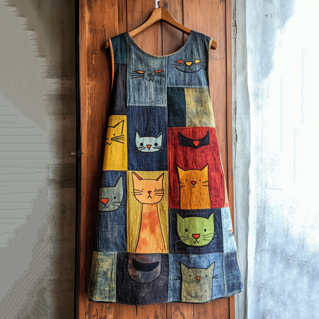 Pop Art Cat Patchwork Cotton and Linen Midi Dress