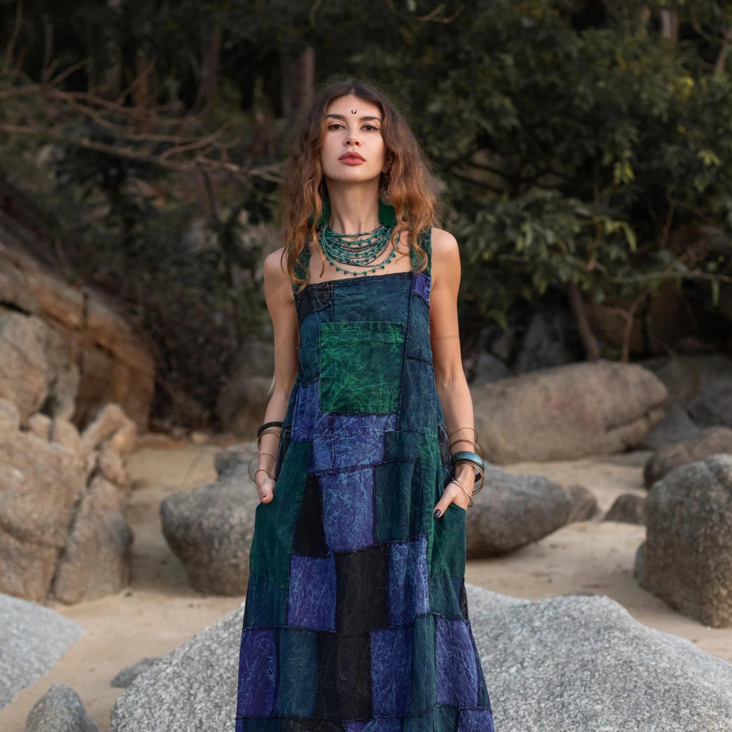 Plus Size Boho Apron Maxi Dress – Jade Indigo Patchwork Sundress with Pockets