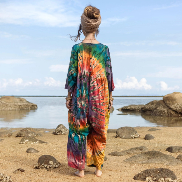 Solar Swirl Plus Size Tie-Dye Jumpsuit – Handcrafted Boho Harem Romper for Festivals