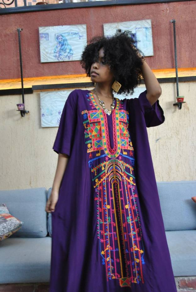 Purple Multicolor Embroidered Kaftan Dress